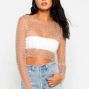 Hot & Delicious Sheer Pearl-Embellished Crop Top in Nude & White